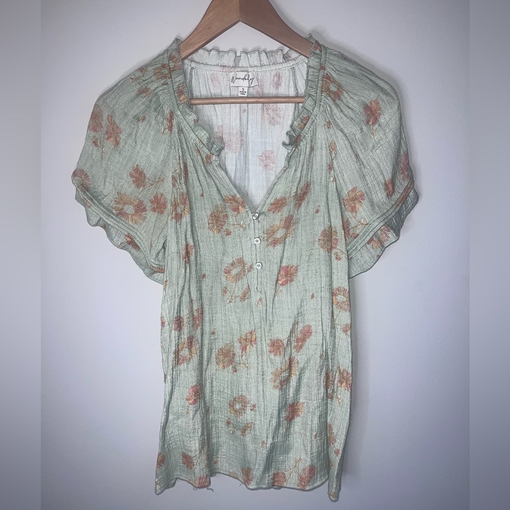Floral Green Blouse puffed sleeves